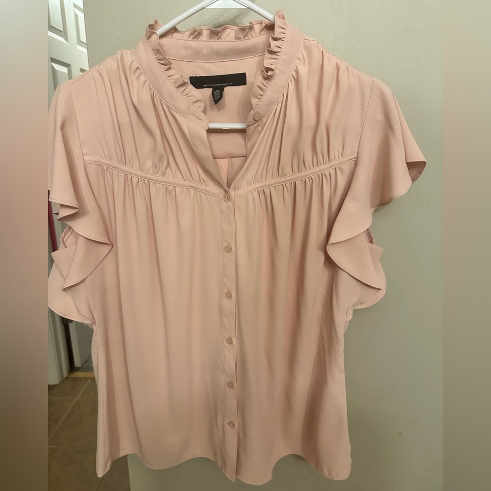White House Black Market Pink Ruffled Mandarin Collar Blouse